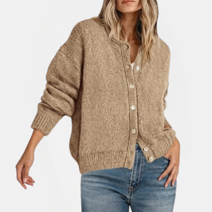 Women's Button Front Crewneck Cardigan Sweater Relaxed Fit