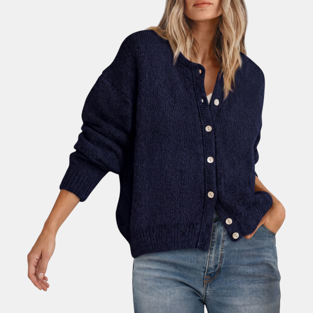 Women's Button Front Crewneck Cardigan Sweater Relaxed Fit