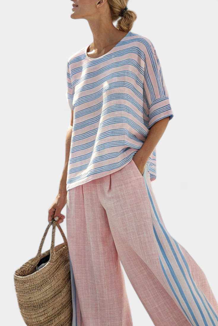 Virella | Elegant Pink-Blue Linen Blouse & Soft Trousers