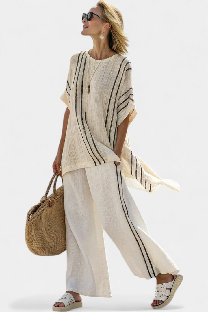 Greysen | Elegant Ivory Linen Blouse & Black Striped Trousers