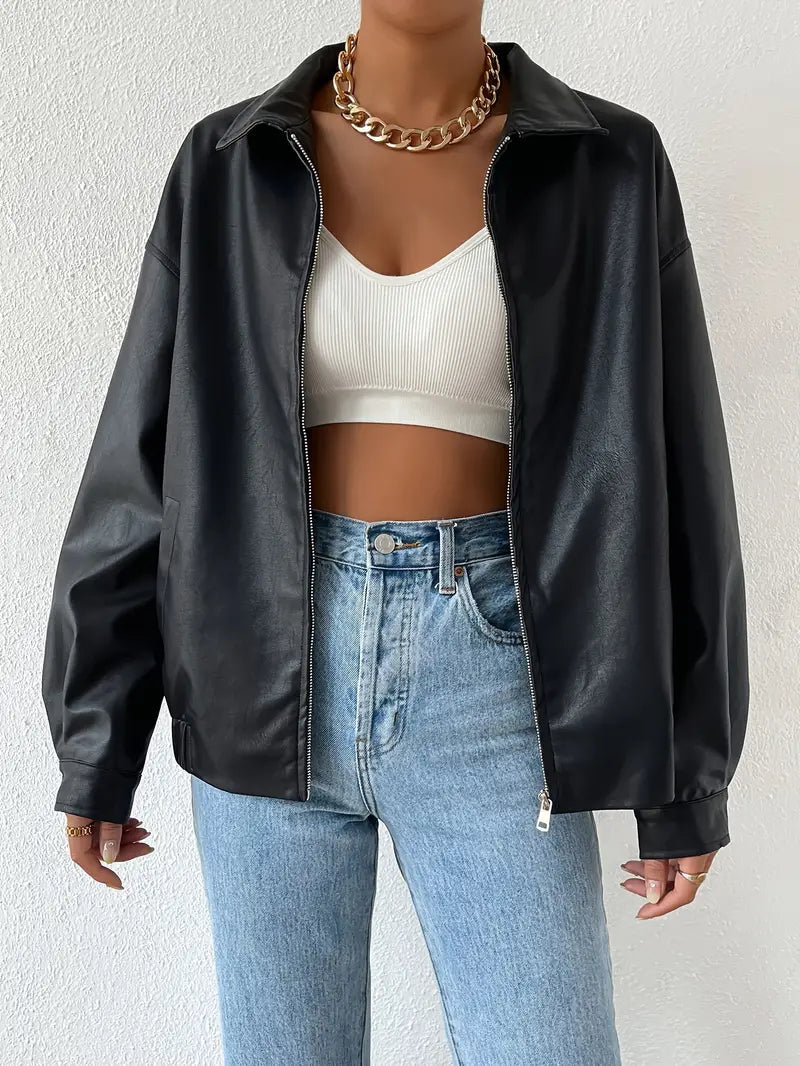 Women's Faux Leather Zip Jacket Black