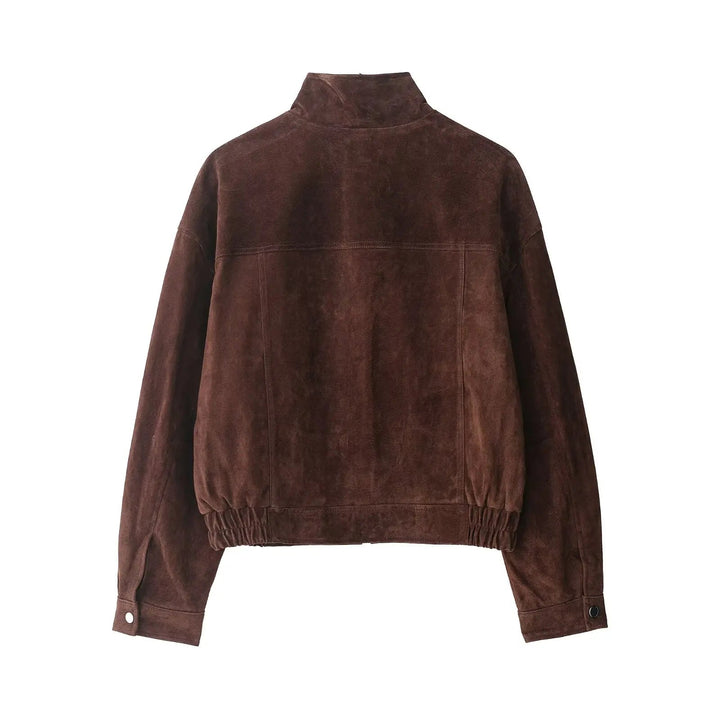 Women’s Cropped Suede Jacket with Snap Button Front and Utility Pockets