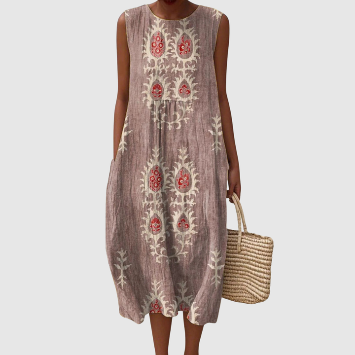 Penelope | Women's Vintage Ethnic Pattern Art Print Sleeveless Pocket Wrap Dress