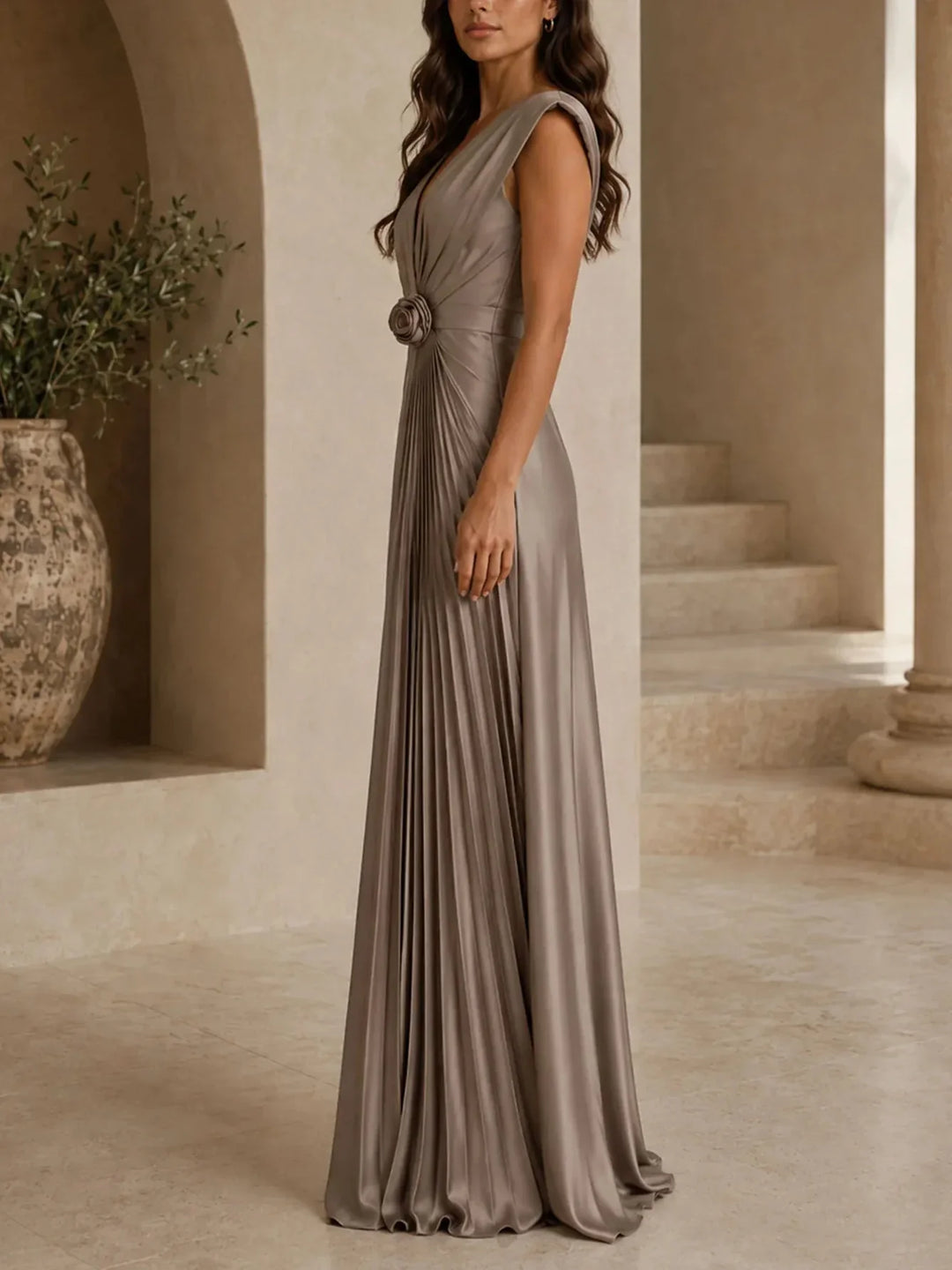 Viviana | Pleated Rosette-Waist Maxi Dress