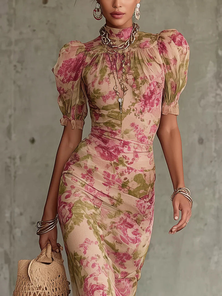 Pink Vintage Rose Print Maxi Dress