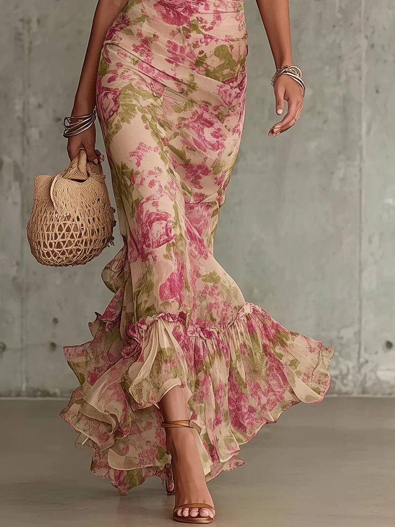Pink Vintage Rose Print Maxi Dress