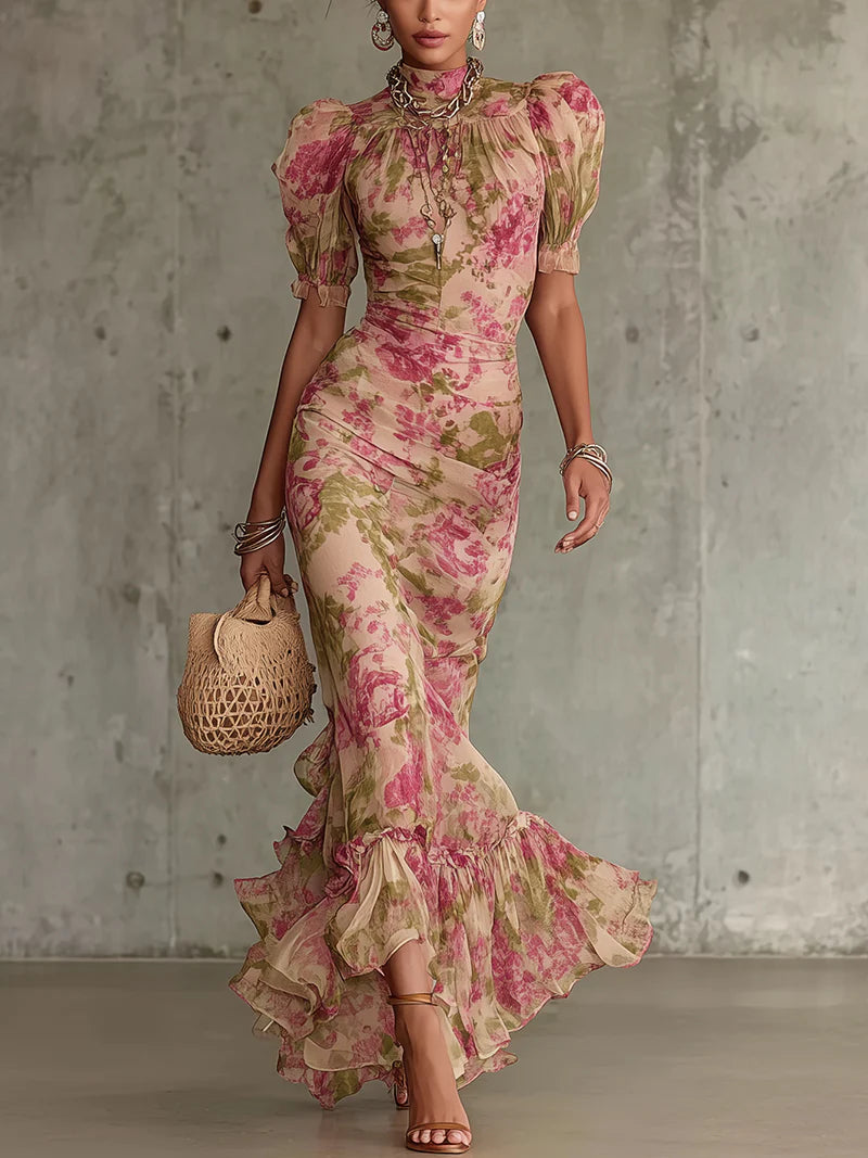 Pink Vintage Rose Print Maxi Dress