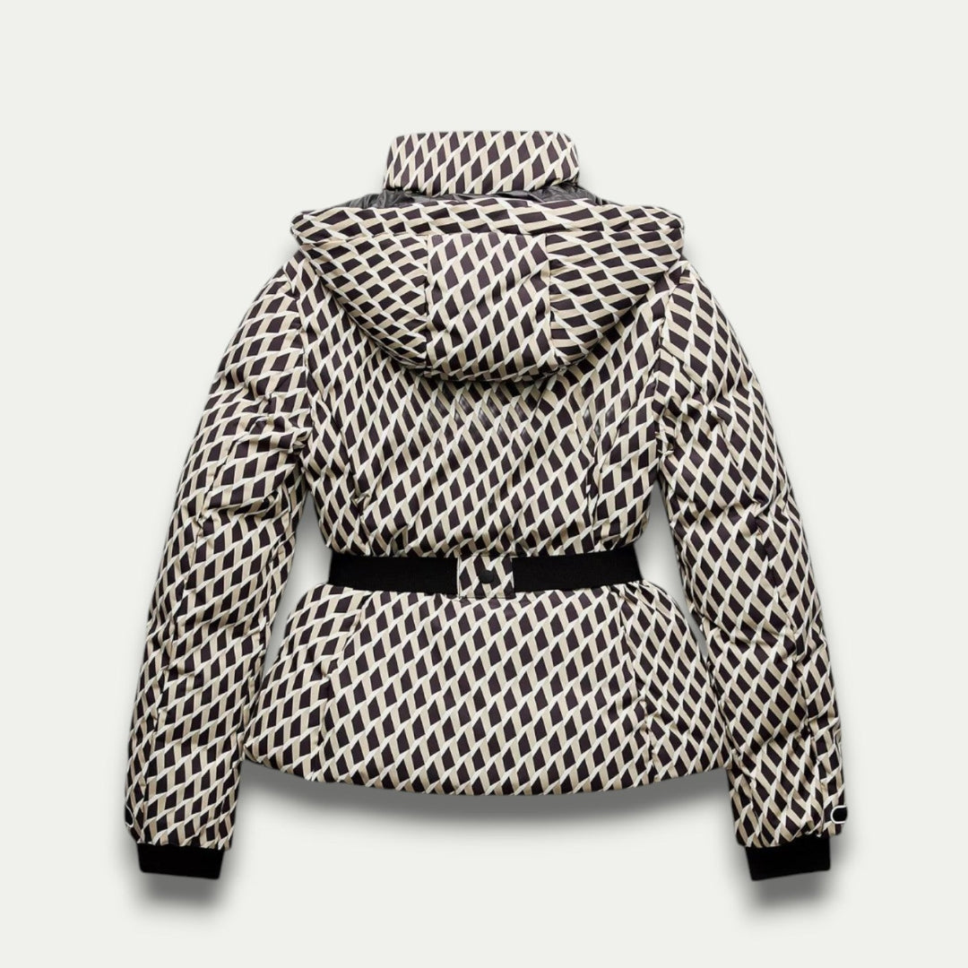 Women’s Belted Beige Patterned Puffer Jacket