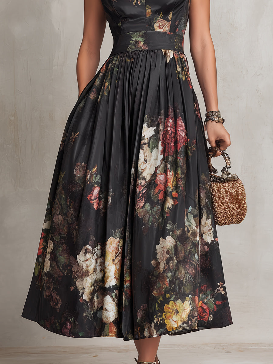 Black Keyhole Collar Floral Pleated Midi Dress