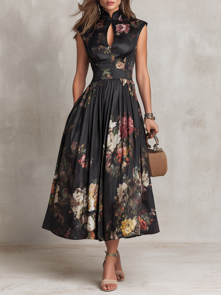 Black Keyhole Collar Floral Pleated Midi Dress