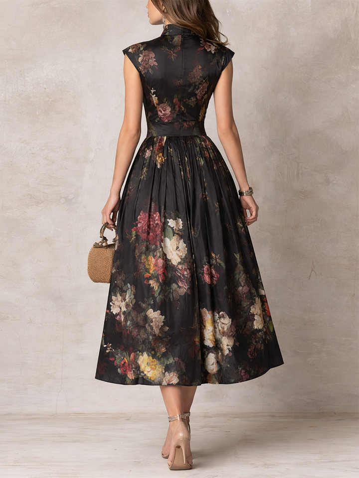 Black Keyhole Collar Floral Pleated Midi Dress