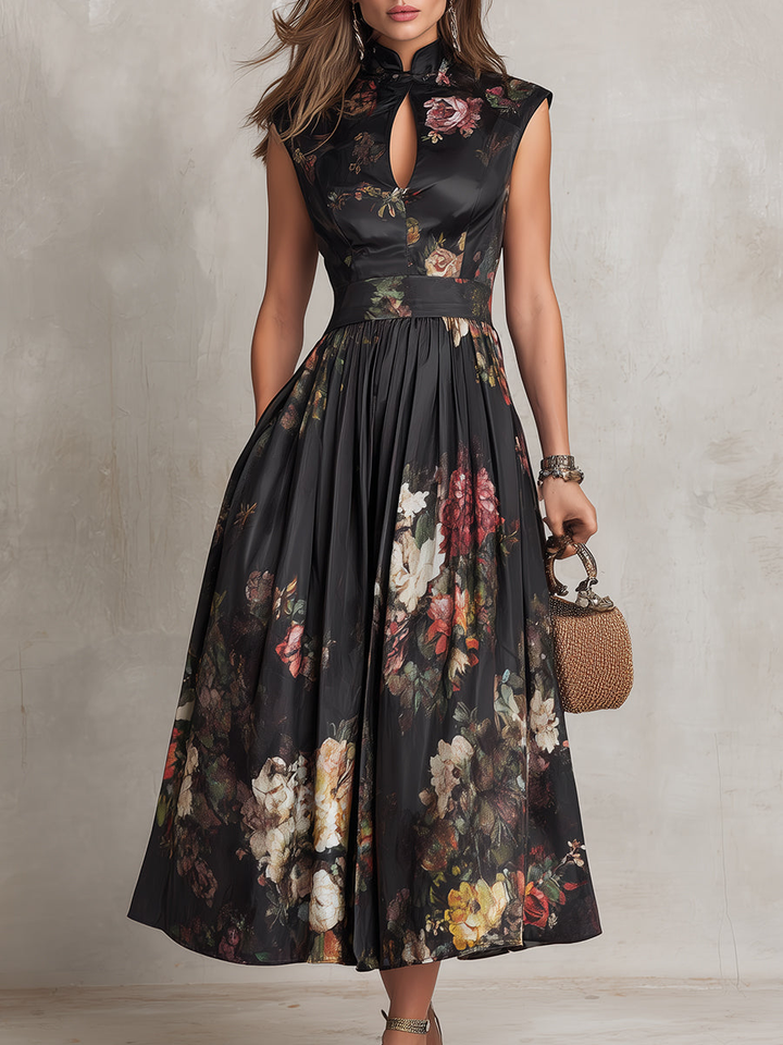Black Keyhole Collar Floral Pleated Midi Dress