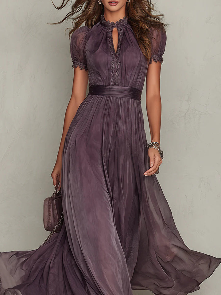 Purple Keyhole Neckline Lace Trim Maxi Dress