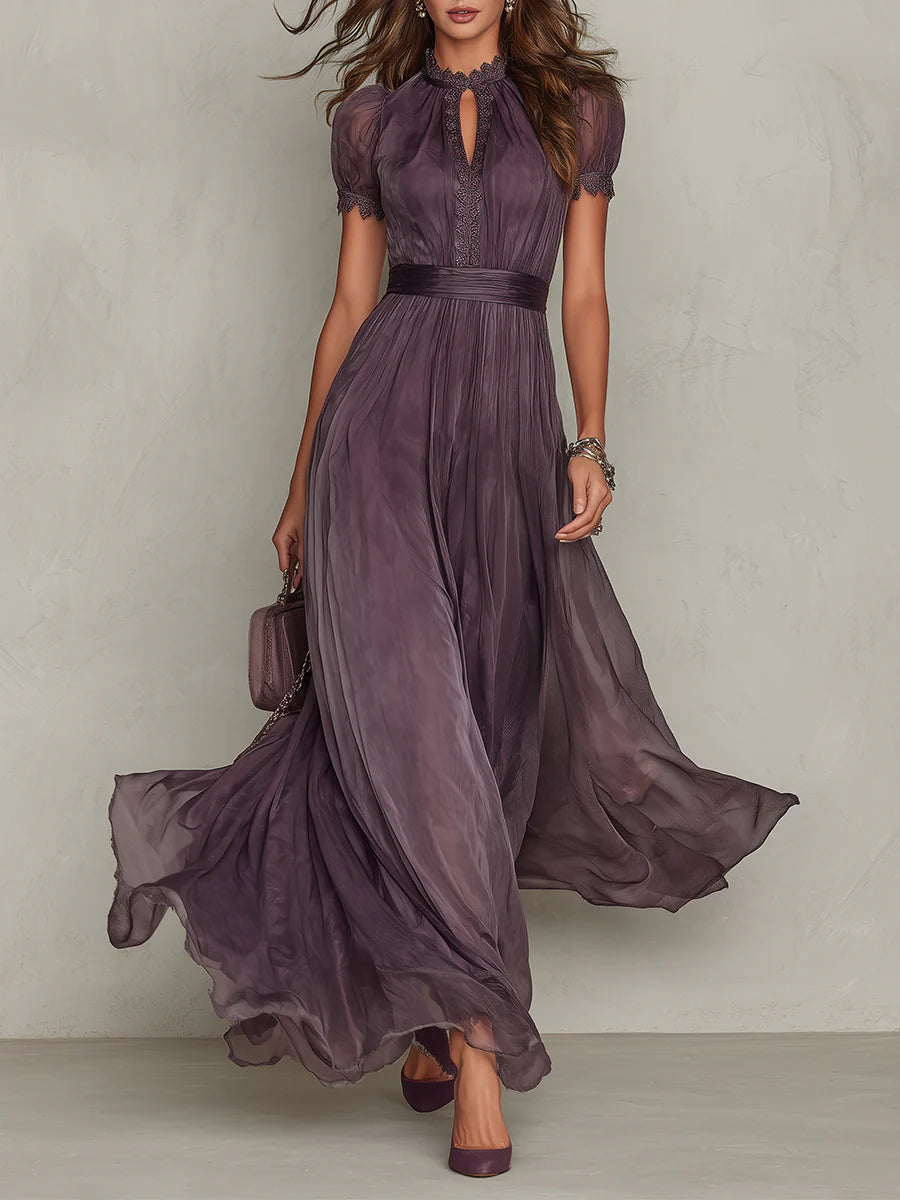 Purple Keyhole Neckline Lace Trim Maxi Dress