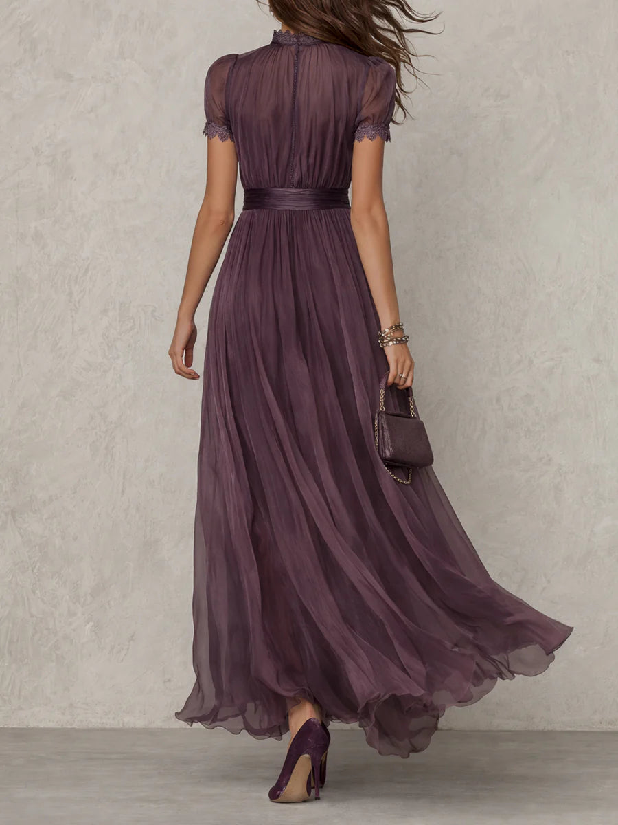 Purple Keyhole Neckline Lace Trim Maxi Dress