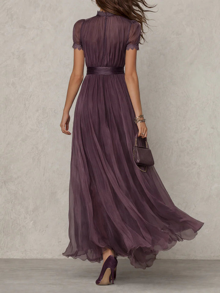 Purple Keyhole Neckline Lace Trim Maxi Dress
