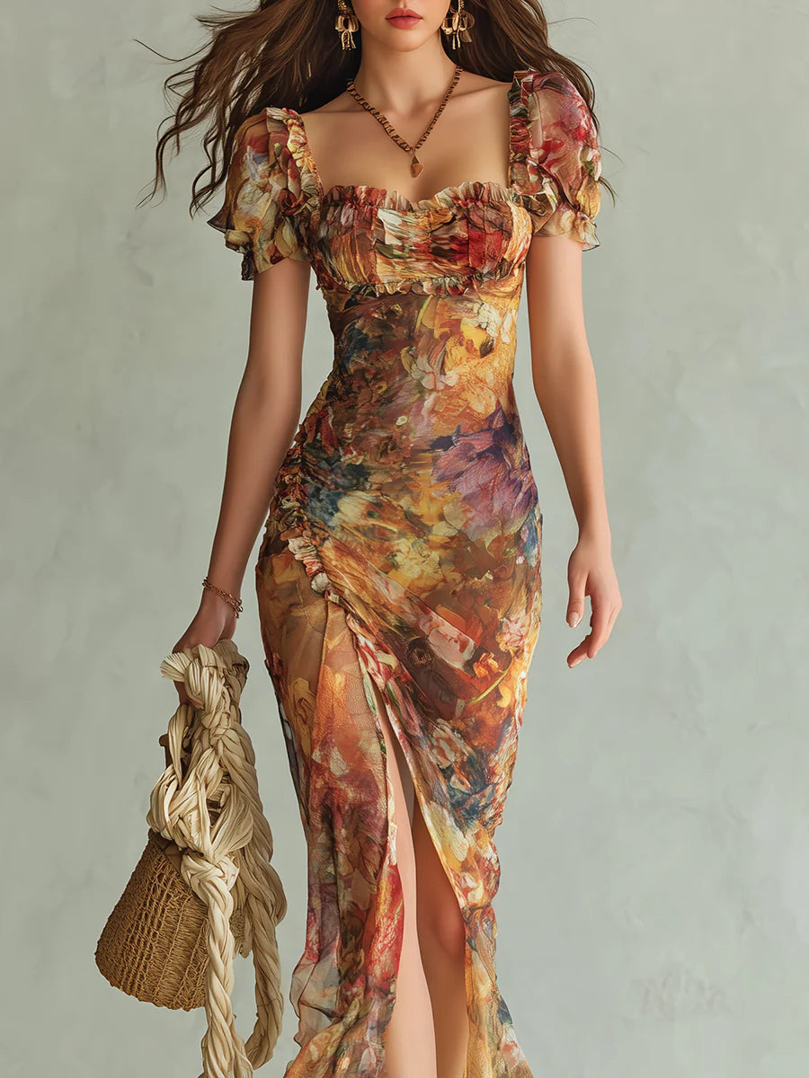 Orange Painted Floral Maxi Dress