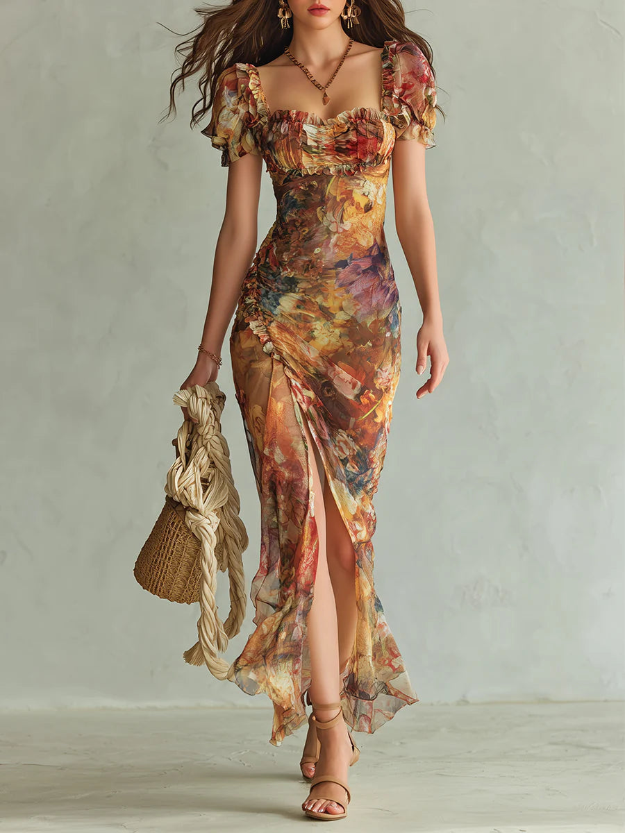 Orange Painted Floral Maxi Dress