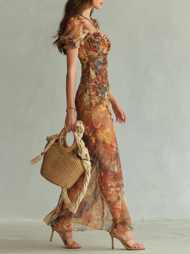 Orange Painted Floral Maxi Dress