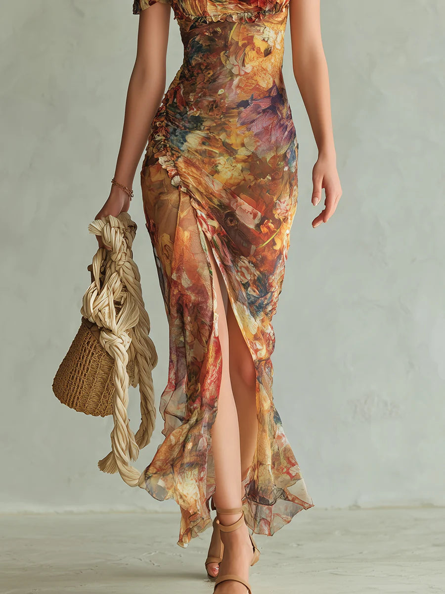 Orange Painted Floral Maxi Dress