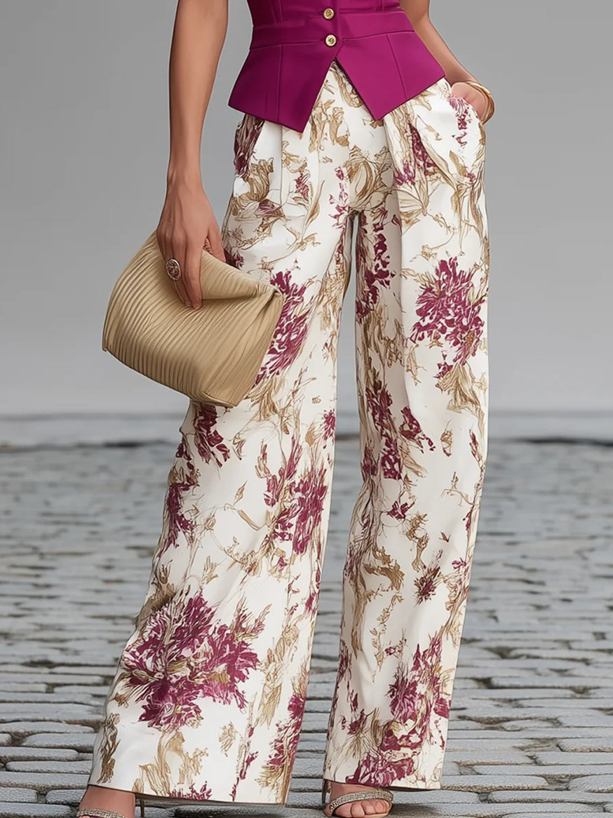 Rose Pink Floral Wide-Leg Pants Set