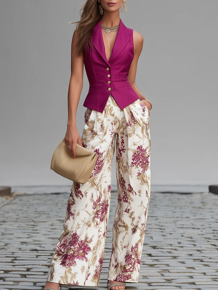 Rose Pink Floral Wide-Leg Pants Set