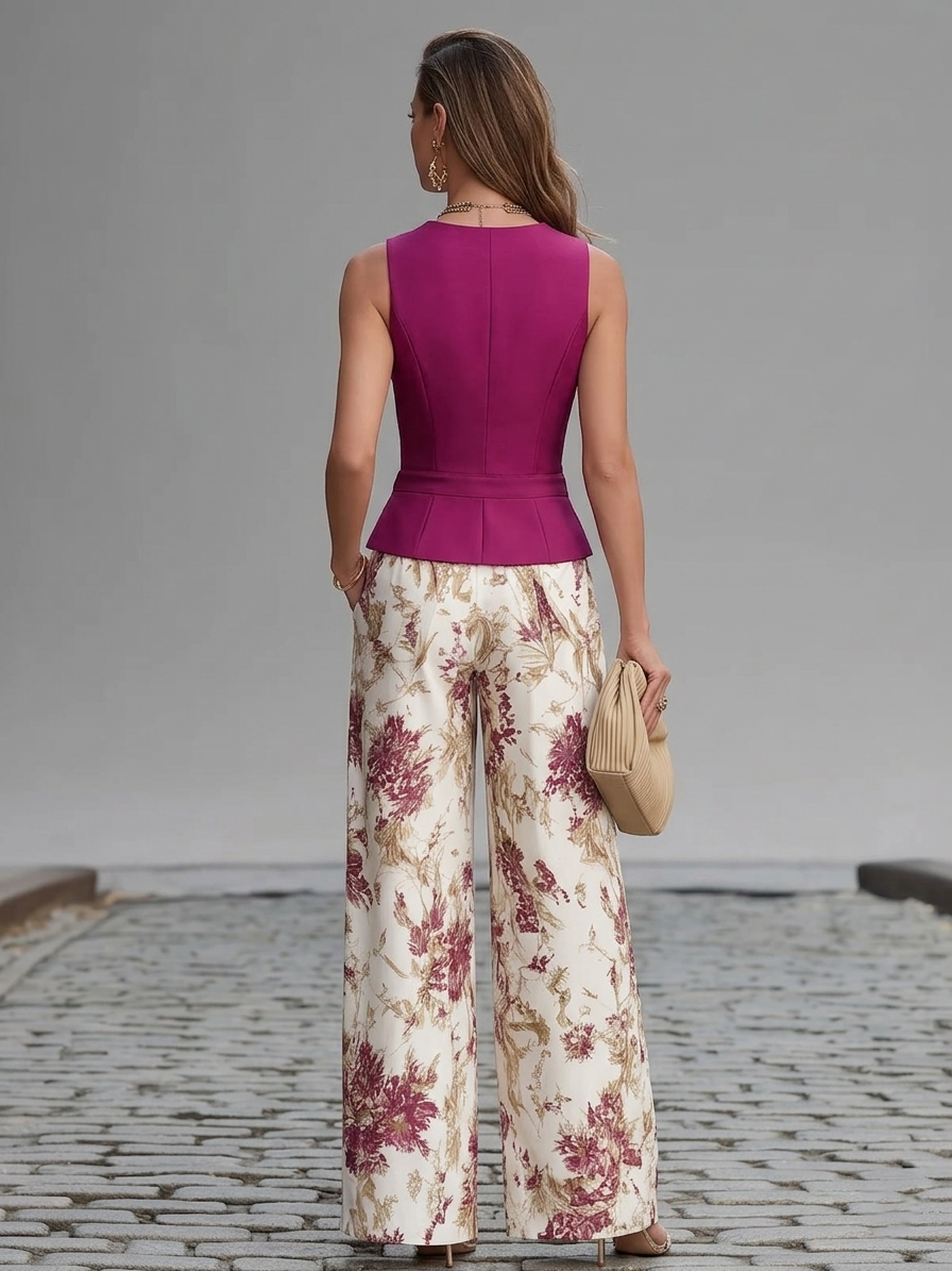 Rose Pink Floral Wide-Leg Pants Set
