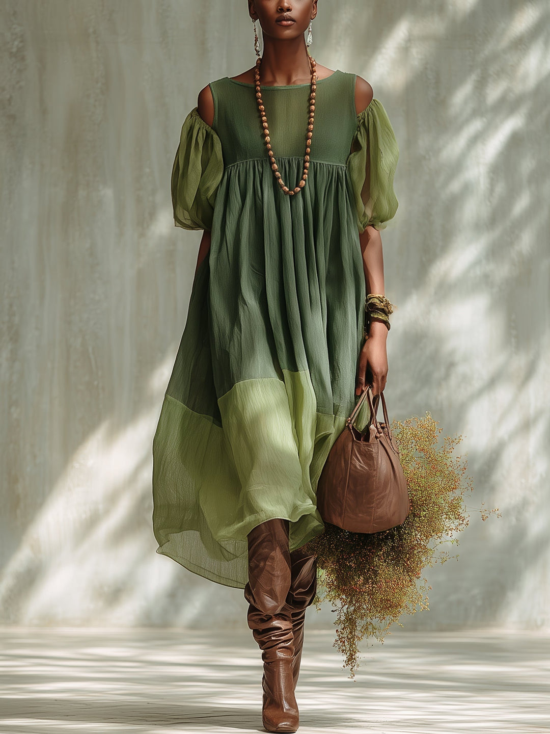 Green Off-Shoulder Short-Sleeve Midi Dress