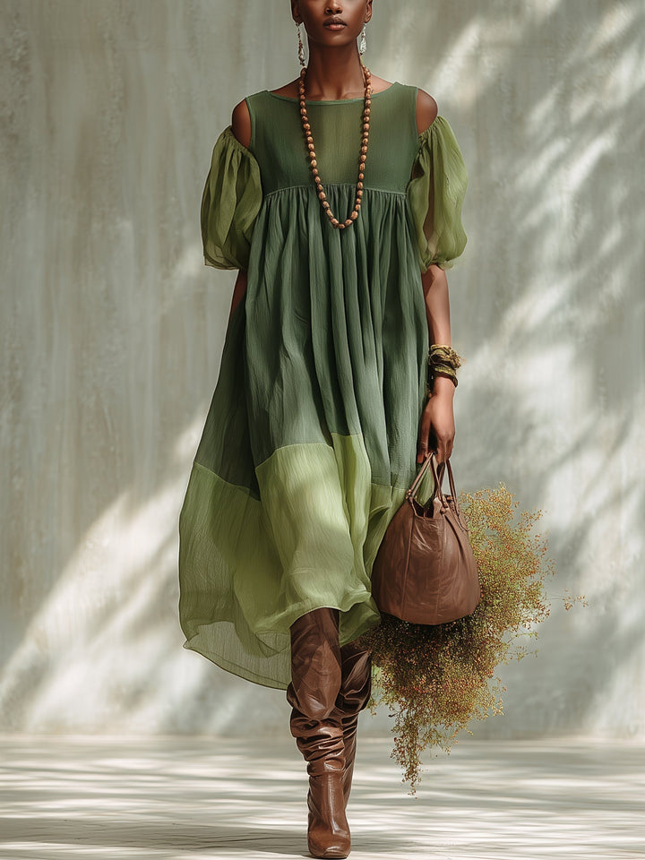 Green Off-Shoulder Short-Sleeve Midi Dress