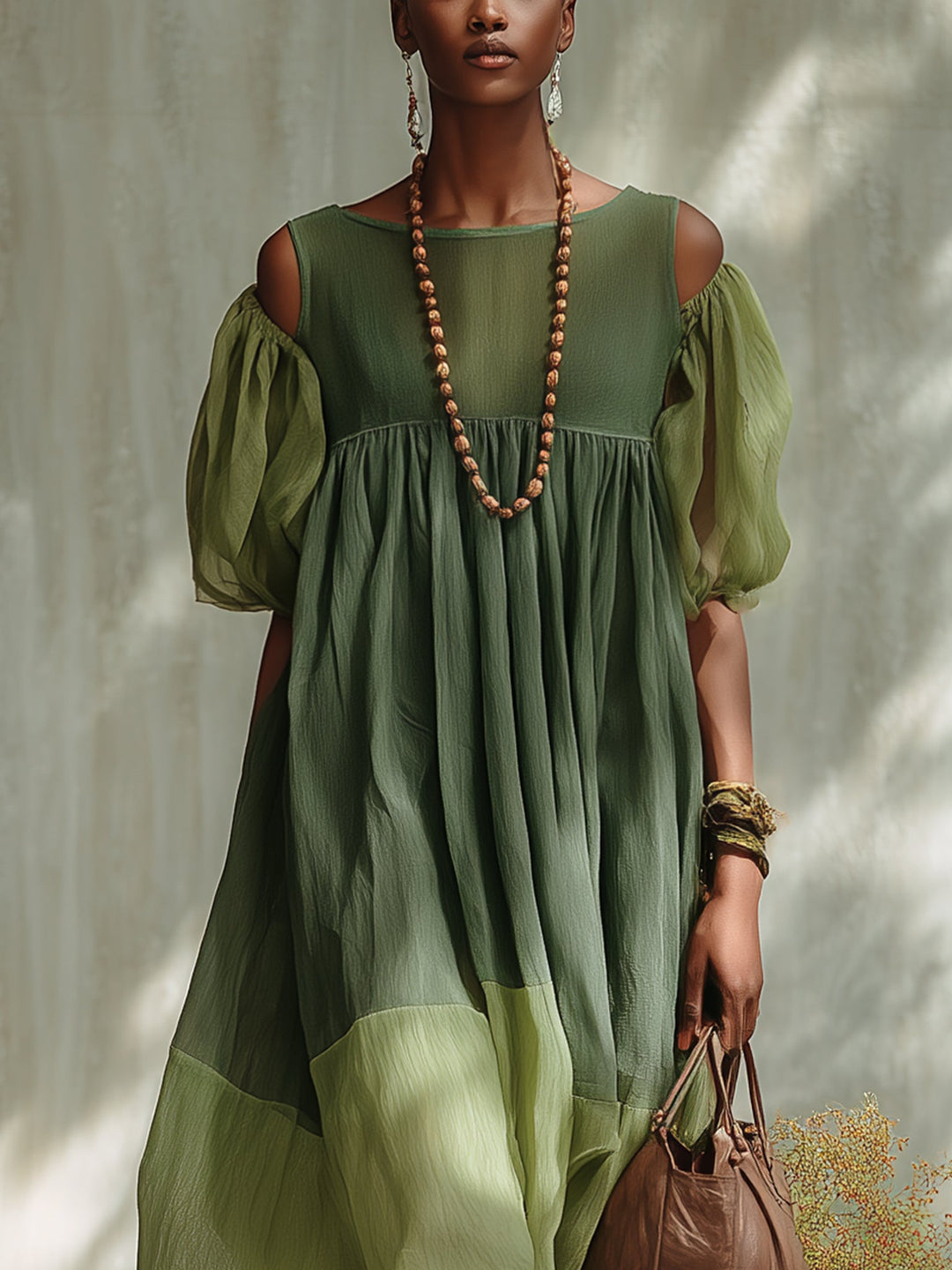 Green Off-Shoulder Short-Sleeve Midi Dress