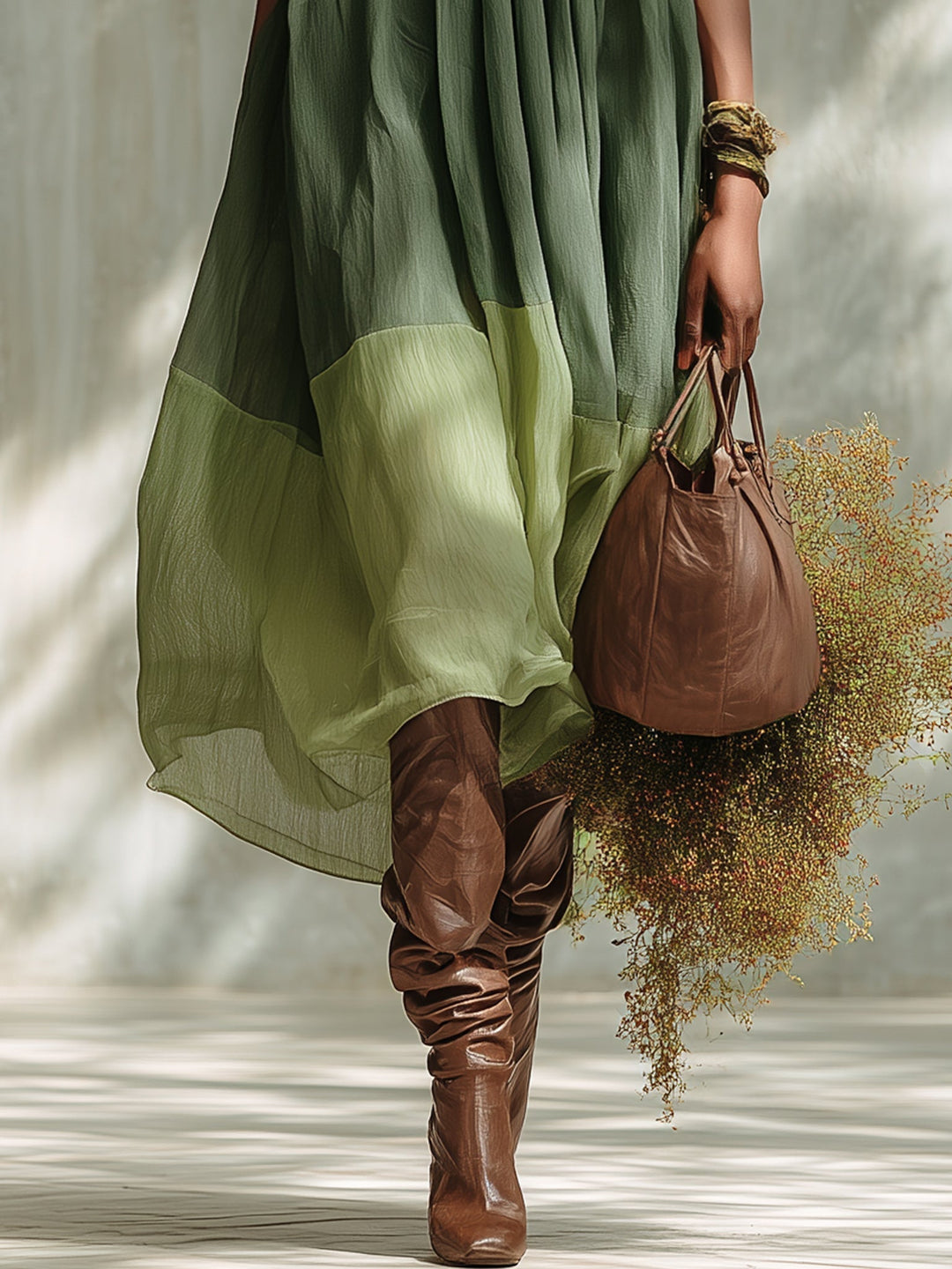 Green Off-Shoulder Short-Sleeve Midi Dress