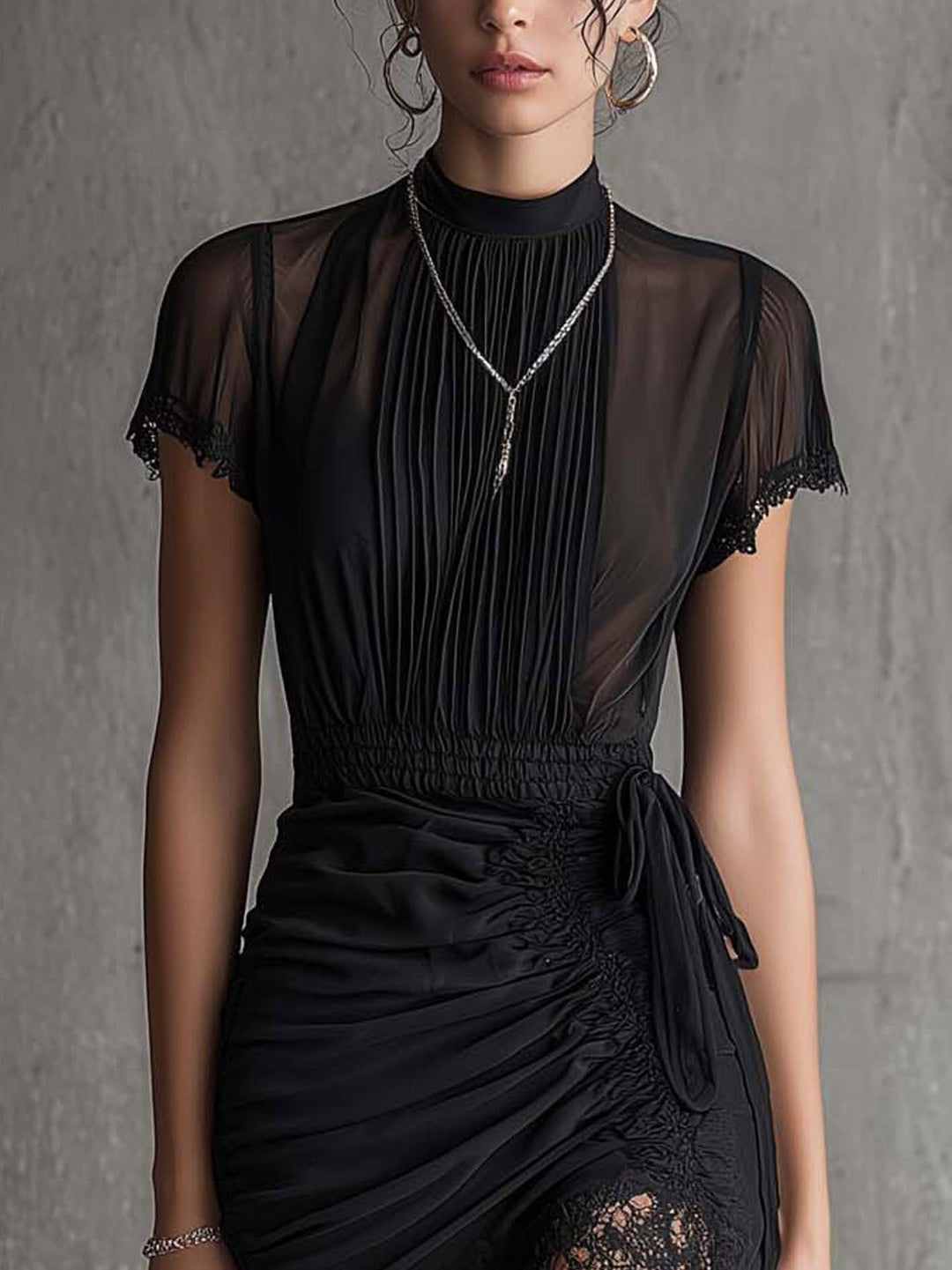 Black Pleated Lace-Trim Mini Dress