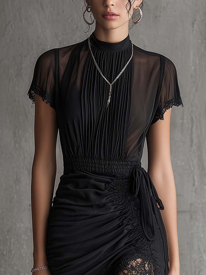 Black Pleated Lace-Trim Mini Dress