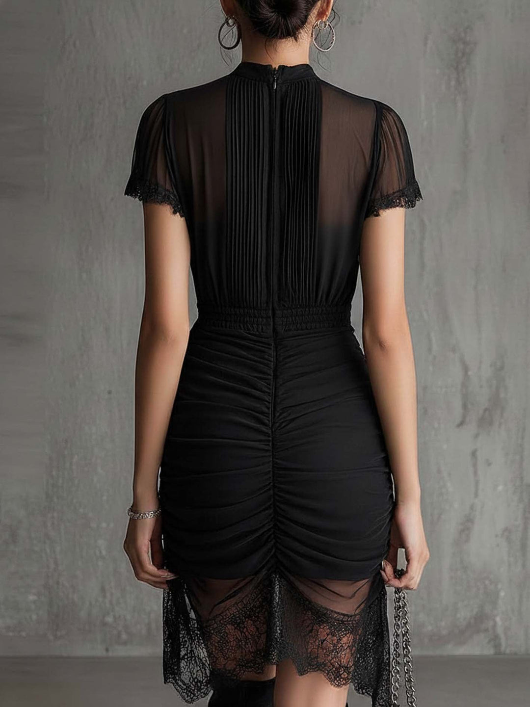 Black Pleated Lace-Trim Mini Dress