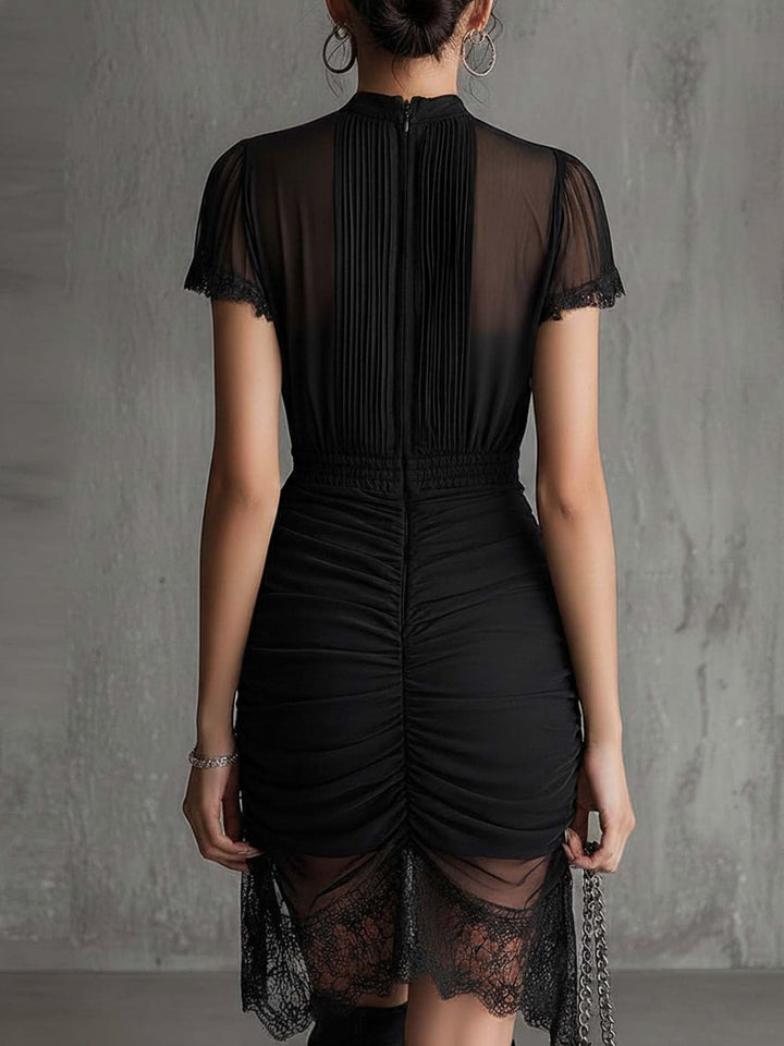 Black Pleated Lace-Trim Mini Dress