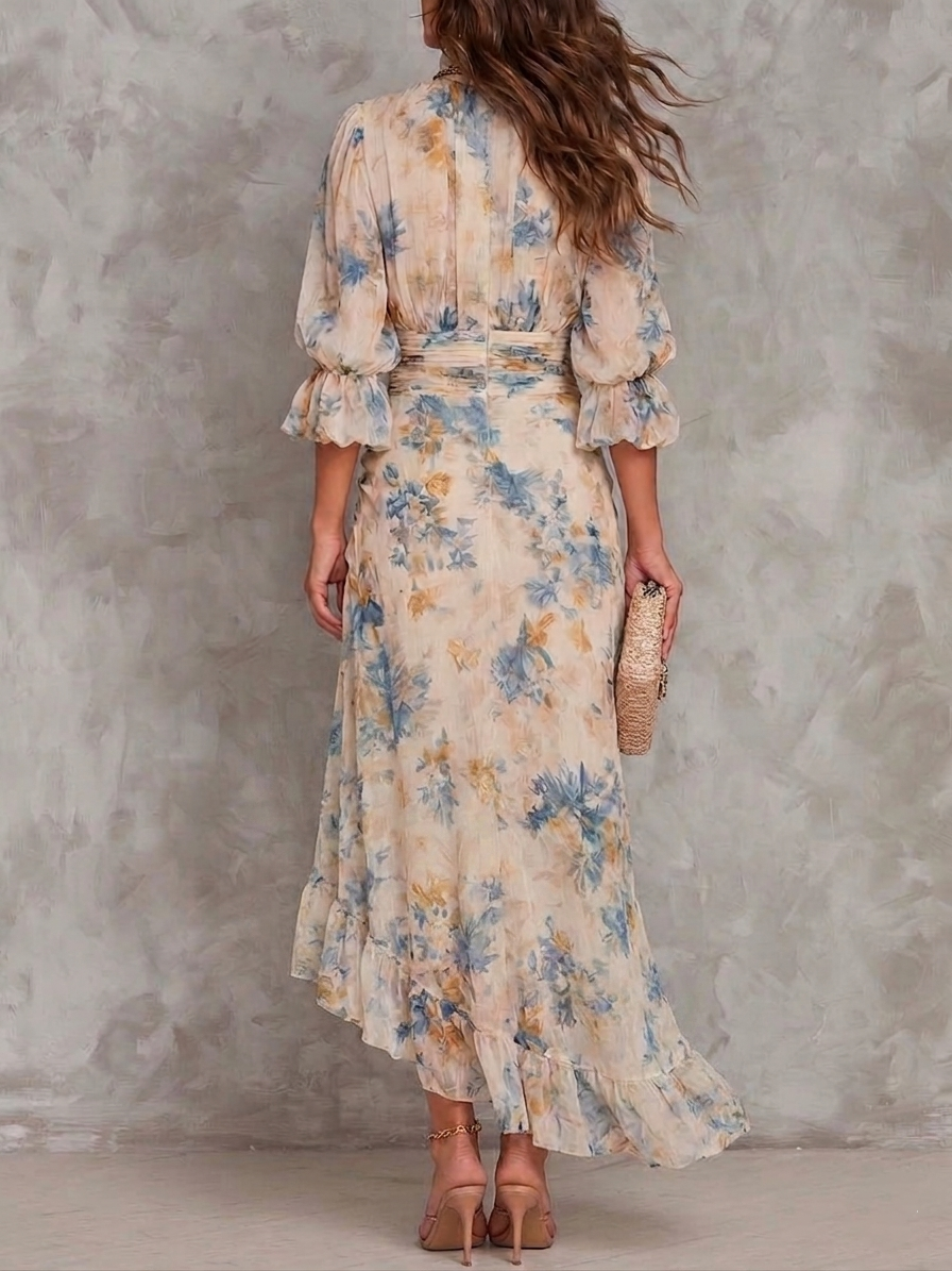 Beige Turtleneck Oil Painting Floral Maxi Dress