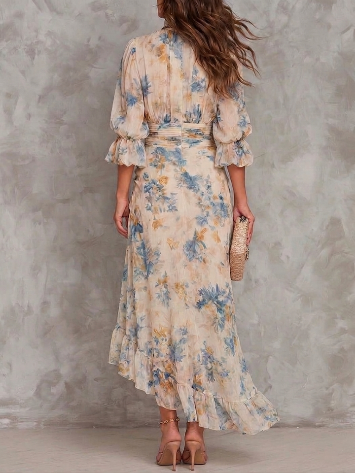 Beige Turtleneck Oil Painting Floral Maxi Dress