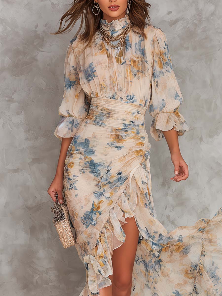 Beige Turtleneck Oil Painting Floral Maxi Dress