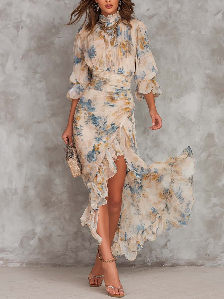 Beige Turtleneck Oil Painting Floral Maxi Dress