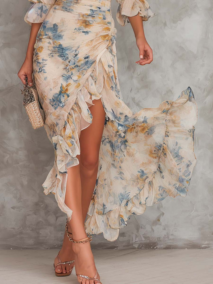 Beige Painted Floral Maxi Dress