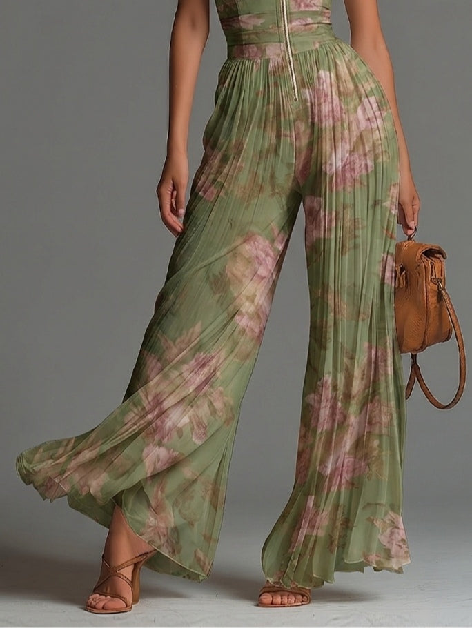 Green Floral Pleated Wide-Leg Jumpsuit