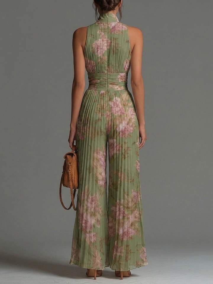 Green Floral Pleated Wide-Leg Jumpsuit