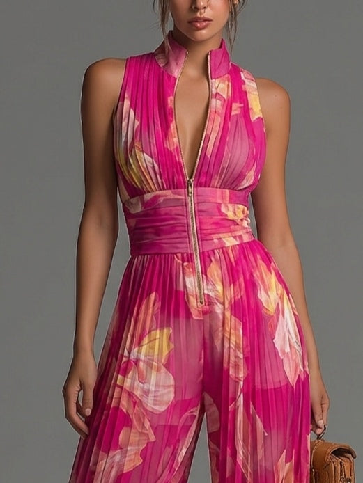 Fuchsia Floral Pleated Wide-Leg Jumpsuit