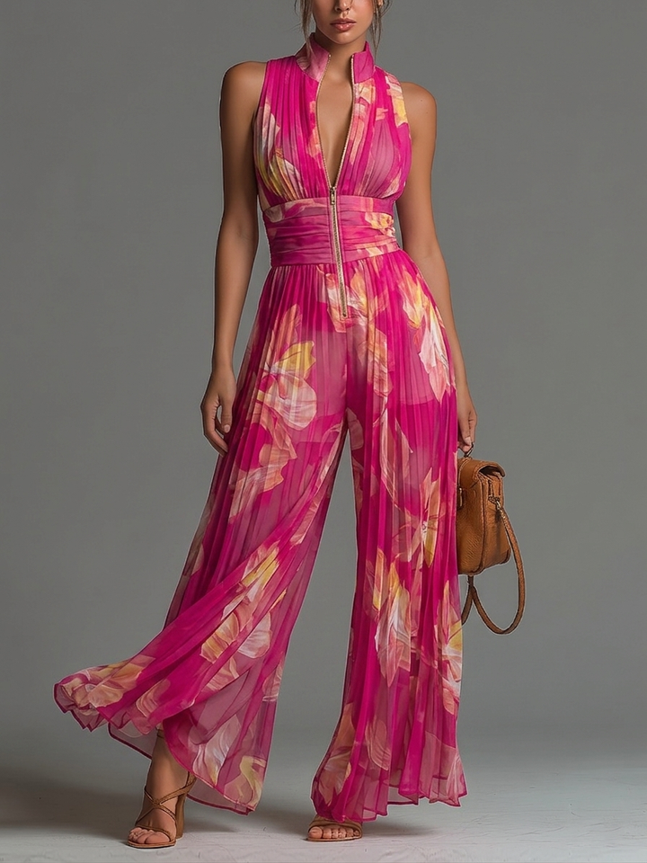 Fuchsia Floral Pleated Wide-Leg Jumpsuit