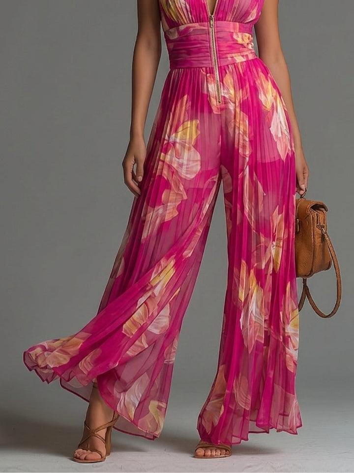 Fuchsia Floral Pleated Wide-Leg Jumpsuit