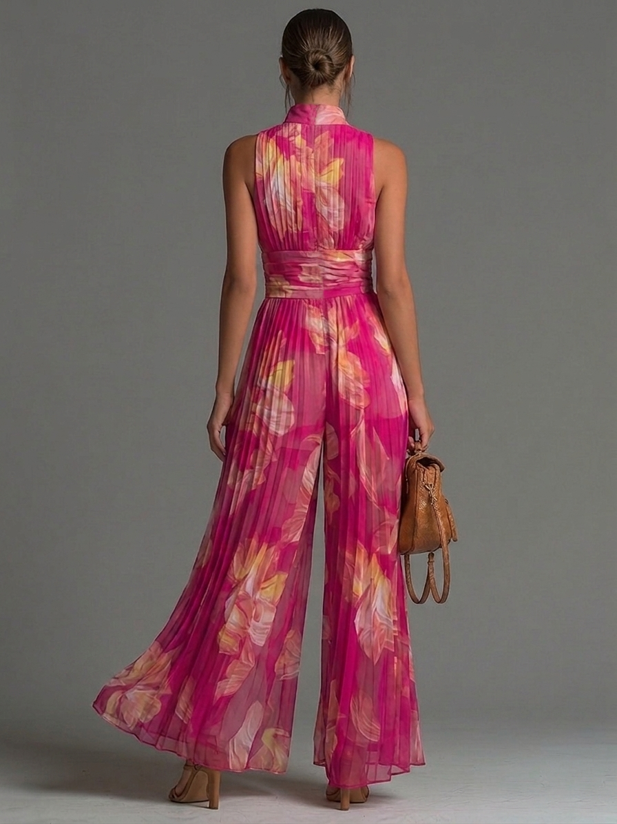 Fuchsia Floral Pleated Wide-Leg Jumpsuit