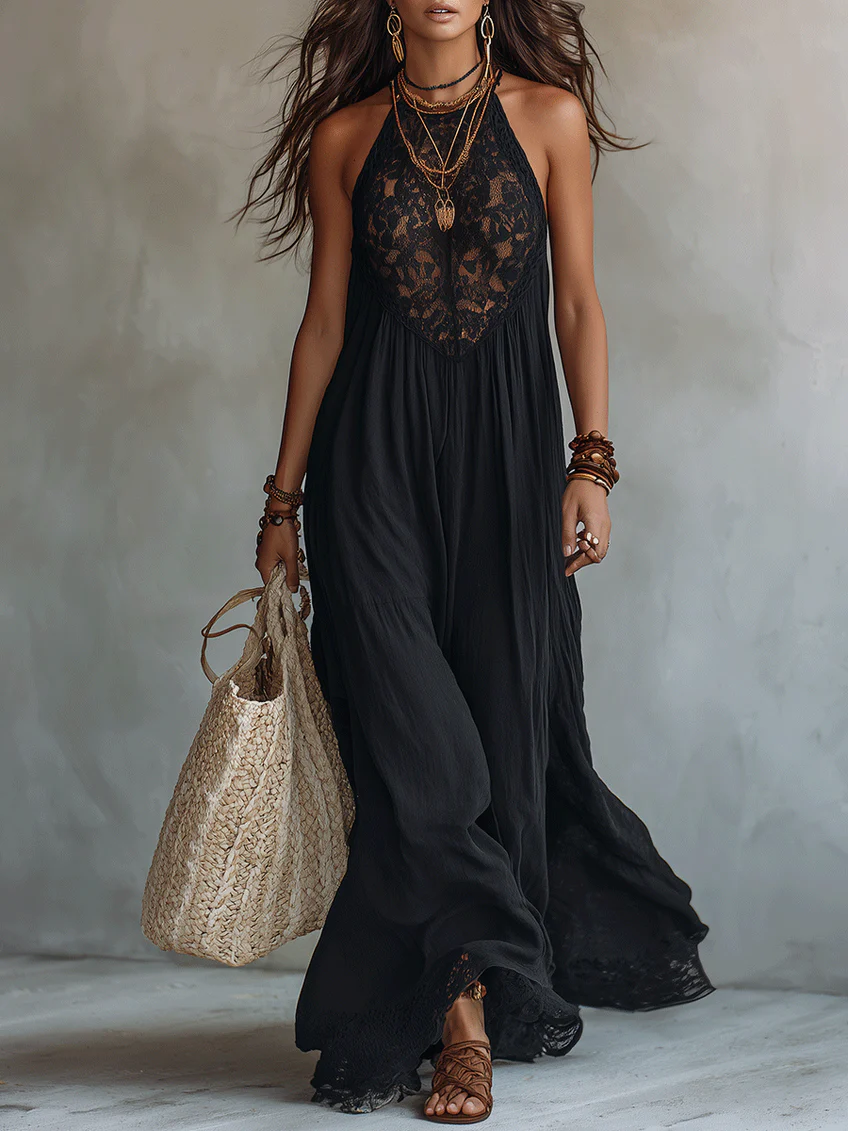Black Bohemian Lace-Trim Maxi Dress