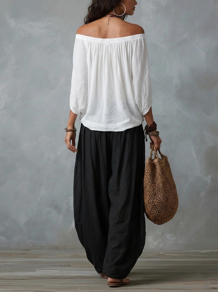 White Off-Shoulder Lantern Pants Set