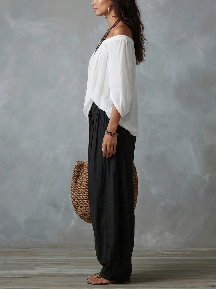 White Off-Shoulder Lantern Pants Set
