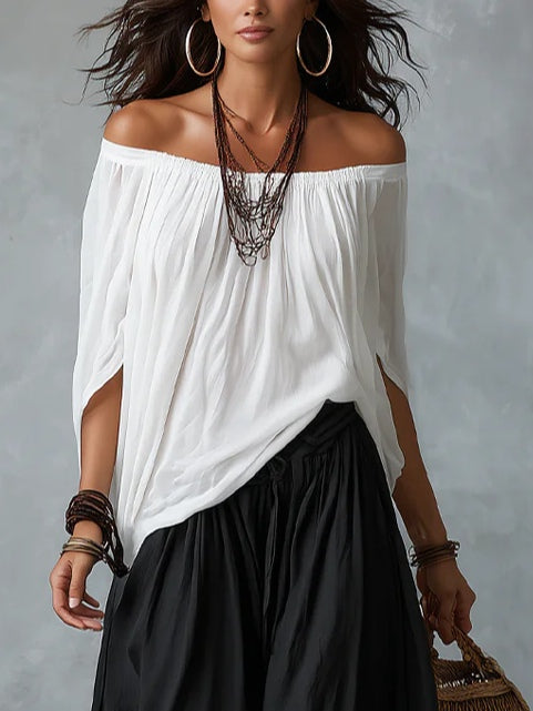 White Off-Shoulder Lantern Pants Set
